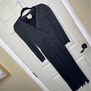 Kate Spade Black Silver Metallic Pleated Crepe Wrap Sweater Dress - Size Medium